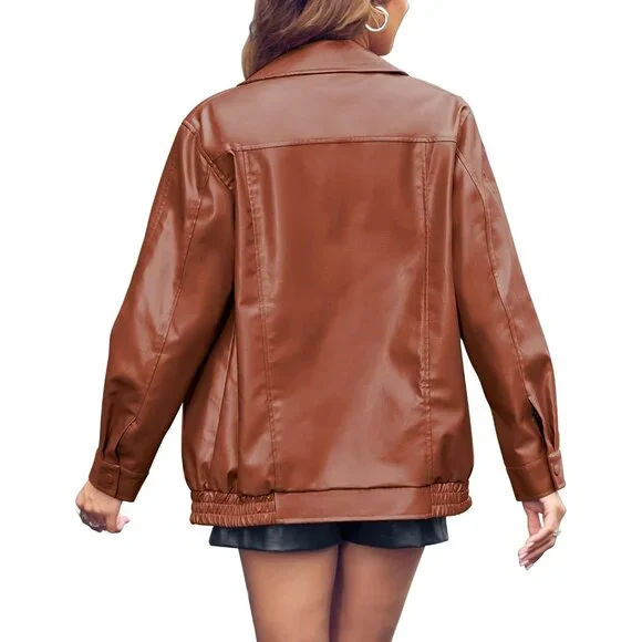 Women's Brown Faux Leather Casual Zip Up Trendy Bomber Motorcycle Jacket